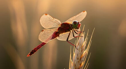 Red dragonfly rests on a wheat stalk in soft golden light.