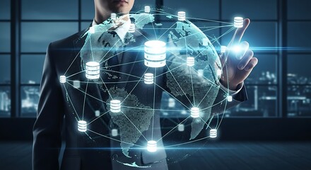 Businessman interacts with global data network visualized on futuristic interface.