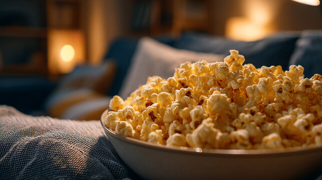 Close up of a bowl filled with popcorn on a blanket with a couch in the background indoors - Powered by Adobe