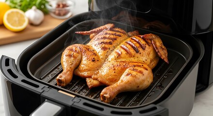 Fototapeta premium Two split chickens grill with steam inside a modern kitchen appliance.