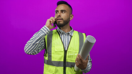 Young man in high visibility vest and striped shirt holding rolled blueprint and talking on phone to ear in studio with vibrant purple backdrop; determination planning.