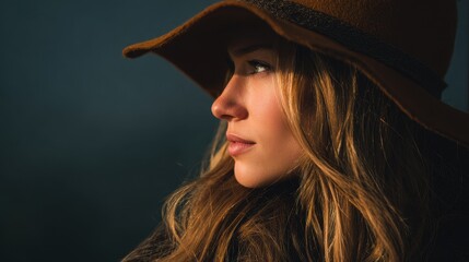 Woman with long hair wearing a stylish hat enjoys a serene moment outdoors during golden hour, capturing the beauty of nature and tranquility