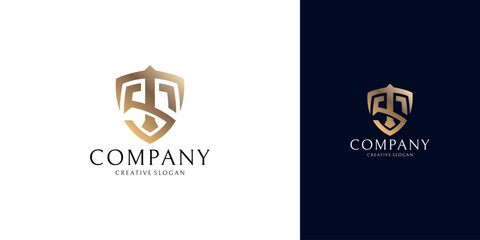 Gold Shield Logo Monogram TS Security Protection Company Design Template