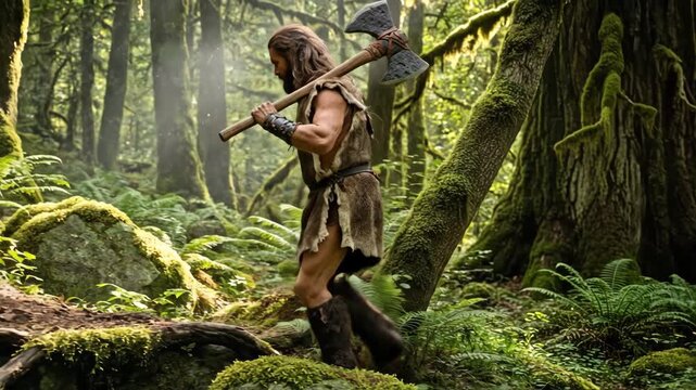Primitive hunter traverses verdant forest with handmade axe, embracing wilderness journey