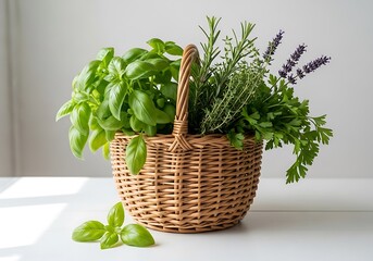 Fototapeta premium Woven basket overflows with fresh basil, rosemary, thyme, lavender, and parsley.