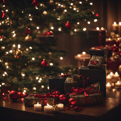 Luxury Wrapped Christmas Gifts on Wooden Table with Bokeh Lights and Lit Candles - Aesthetic holiday scene with dark, elegant presents, red ribbons, and a softly lit Christmas tree background.