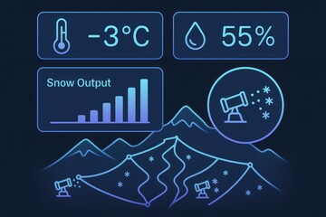 Dynamic weather analytics visual depicting snow output metrics temperature and humidity levels alongside mountain landscape representation showcasing data driven insights