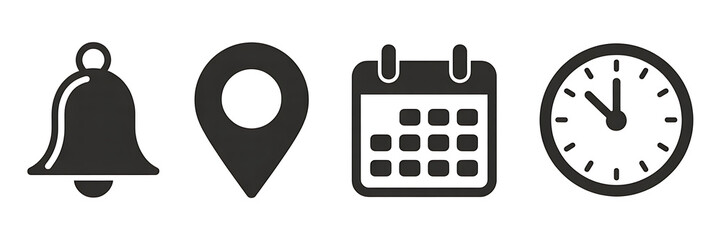 Icons of notification bell, location pin, calendar, and clock isolated on white background