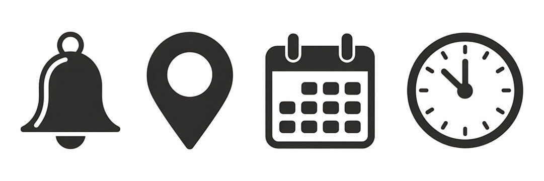 Icons of notification bell, location pin, calendar, and clock isolated on white background