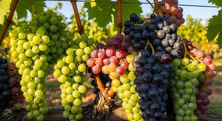 Bunches of ripe green, red, and purple grapes hang from vines in a vineyard.