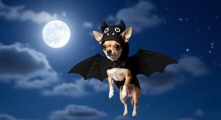 A small canine in a bat costume is suspended against a night sky with a full moon and fluffy clouds