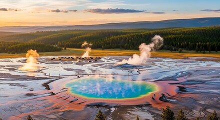 Bison graze near steaming hot springs with rainbow colors.