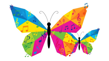 Vibrant abstract geometric butterflies with musical notes representing art and creativity concept isolated PNG with Transparent Background