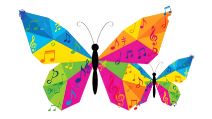 Vibrant abstract geometric butterflies with musical notes representing art and creativity concept isolated PNG with Transparent Background