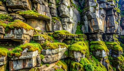 Close-up of layered rock formation abundant with vibrant green moss and foliage. Captured with natural light creating a beautiful scene