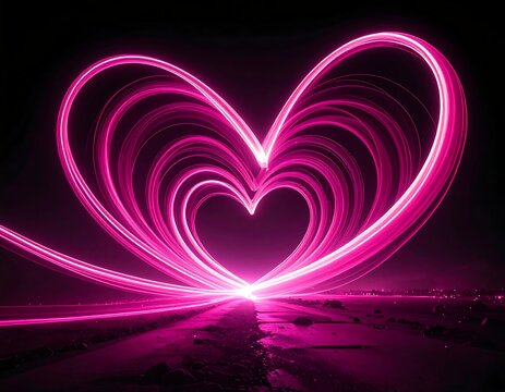 Neon heart shape glows bright with light trails - Powered by Adobe