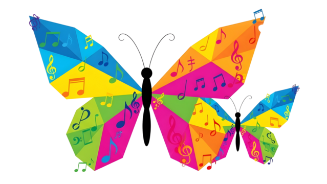 Vibrant abstract geometric butterflies with musical notes representing art and creativity concept isolated PNG with Transparent Background - Powered by Adobe