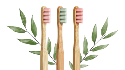 set of bamboo toothbrush with bamboo leaves branch isolated on white background