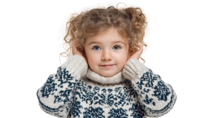 A young girl with curly hair in a cozy sweater, playfully covering her ears, isolated on a white background.