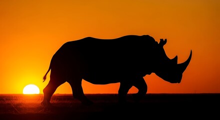 Silhouette of a rhino walking at sunset in the savanna.