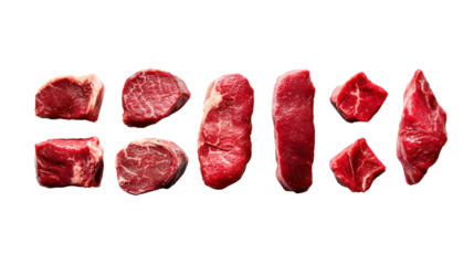 Assorted cuts of raw beef on a white isolated background.