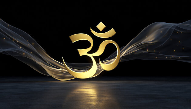 Gold Om Symbol on Black Background with Wavy Lines  Spiritual, Meditation, Yoga, Hinduism, Symbolism, Luxury Design, Omkara