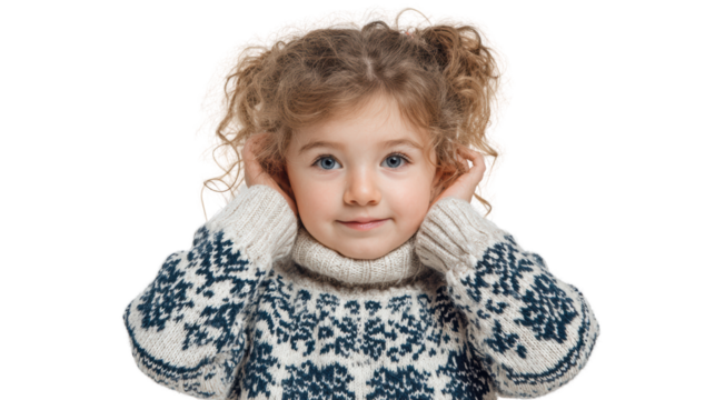A young girl with curly hair in a cozy sweater, playfully covering her ears, isolated on a white background. - Powered by Adobe