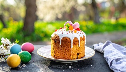 Close up of colorful speckled eggs on a sandy beach with flowers and ocean in background