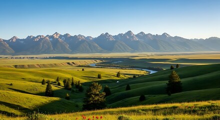 Majestic mountain range presides over rolling green hills and winding river.