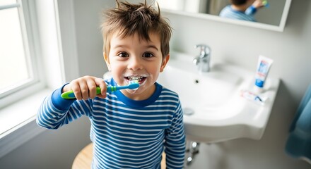 Smiling boy brushes his teeth with toothpaste foam in the bathroom.