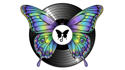 Psychedelic butterfly logo design combined with vintage musical vinyl record isolated PNG with Transparent Background