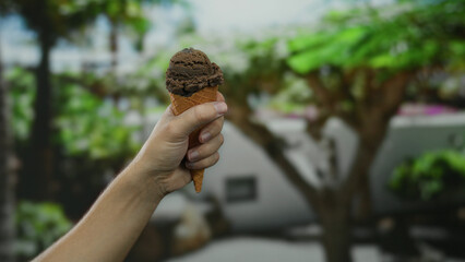 Hand holding chocolate ice cream cone in sunny park setting surrounded by lush greenery outdoor enjoying summer treat man visible caucasian male nature background vibrant scene