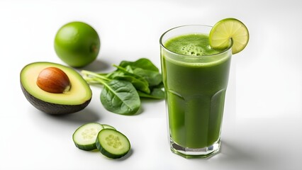 Fresh green smoothie with avocado lime and cucumber on a white surface