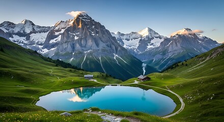 Serene mountain lake reflects snowy peaks and green hillsides at dawn.