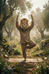 lion doing yoga surrounded by beautiful nature