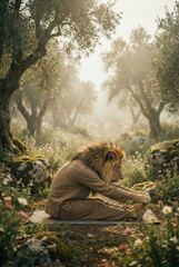 lion doing yoga surrounded by beautiful nature