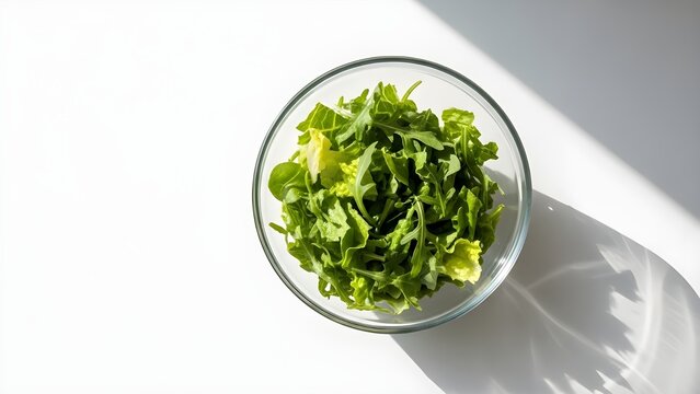 Fresh salad greens in a clear glass bowl against a bright white backdrop