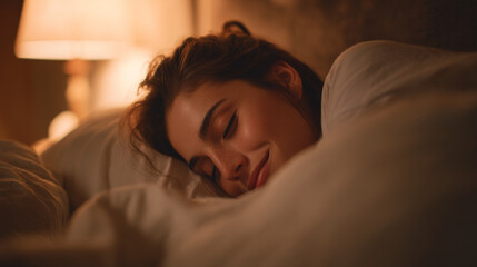 A woman sleeping peacefully in bed under a white duvet with a lamp in the background casting a warm glow