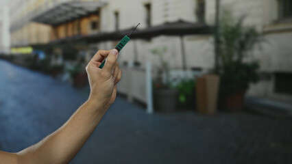 Closeup of a caucasian man's hand holding a picklock on an outdoor cafe terrace in a city street...