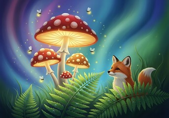 A curious fox observes glowing mushrooms and fireflies in a mystical forest.