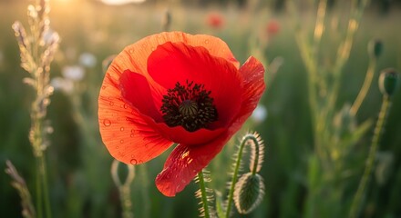 Red poppy flower with water droplets glows in soft sunset light.