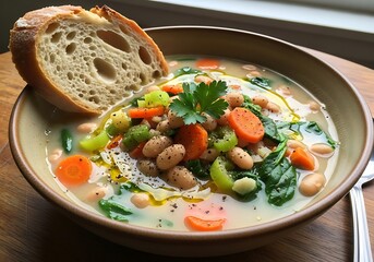 Hearty bean and vegetable soup with a slice of crusty bread.
