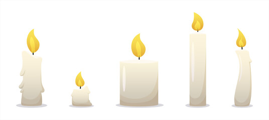 Candle animation. Steps of burning fire. Set of icons for video. Effect of moving flame. Christmas or holiday decoration. Vector illustration.