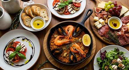 A delicious spread of seafood paella, charcuterie, caprese salad, and bread.