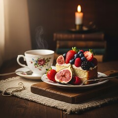 A delicious berry-topped cake slice sits beside a steaming cup of tea.