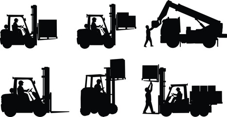 Warehouse and construction workers operating forklifts and cranes, loading and unloading cargo, boxes, and materials with teamwork and safety equipment © Md