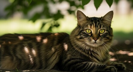 A tabby cat rests outdoors under dappled sunlight, its eyes bright yellow.