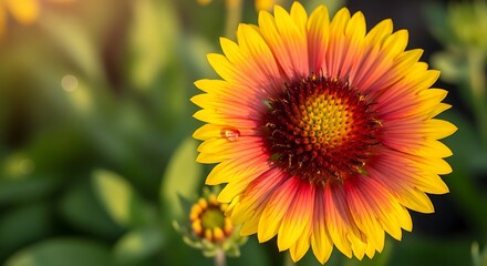 Bright yellow and red daisy-like flower with water droplet glistens.