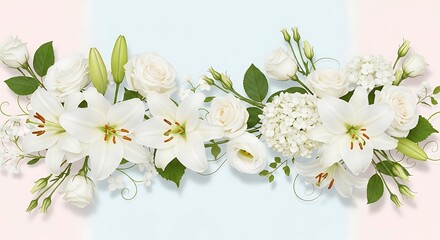 Elegant white lilies and roses arranged as a celebratory floral garland. © Xala