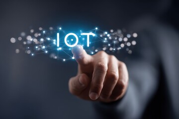 Man showcasing the concept of Internet of Things IoT with a digital link connection in a creative technology presentation
